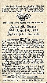 Agnes (Boocock) Jordan's Burial Card