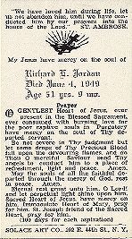 Richard Jordan's Burial Card - rear