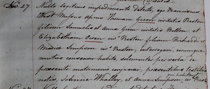The Marriage of Thomas Green to Elizabeth 
      Owen