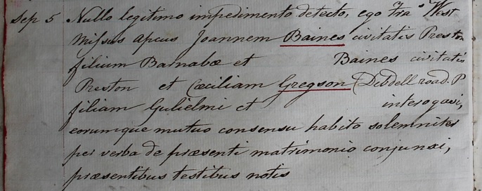 Marriage of John Baines and Cecilia Gregson