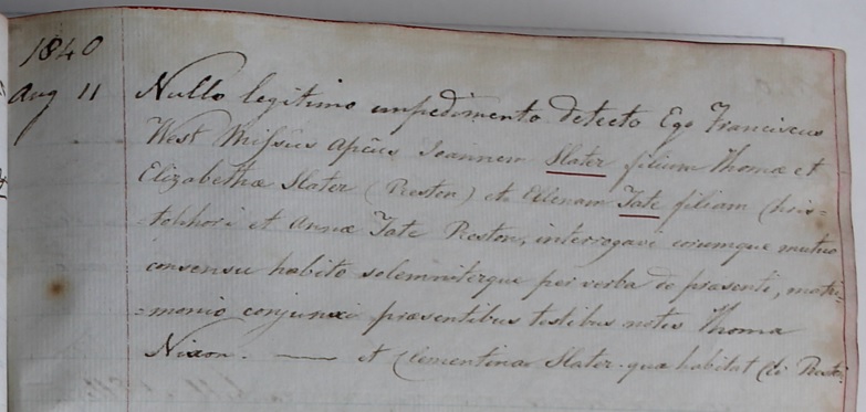 Marriage of John Slater and Ellen Tate