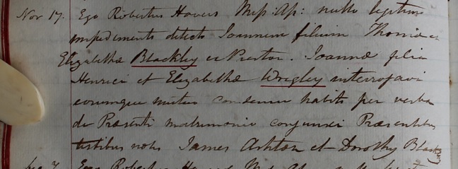 Marriage of John Blackley and Jane Wrigley