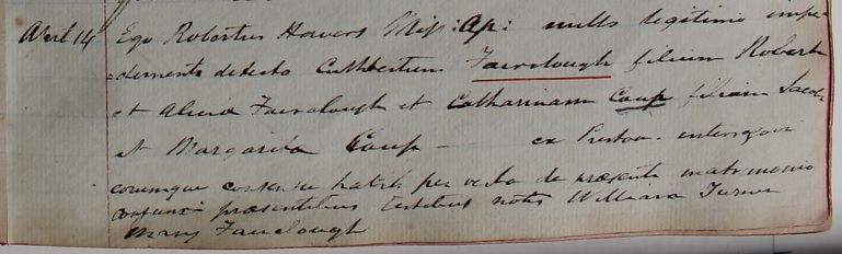 Marriage of Cuthbert Fairclough 
      and Catherine Coup