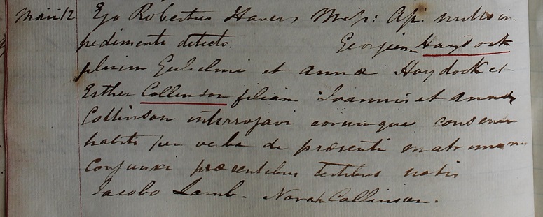 Marriage of George Haydock to Esther 
      Collinson