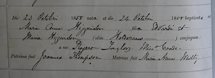 Mary Ann Higginson's baptism